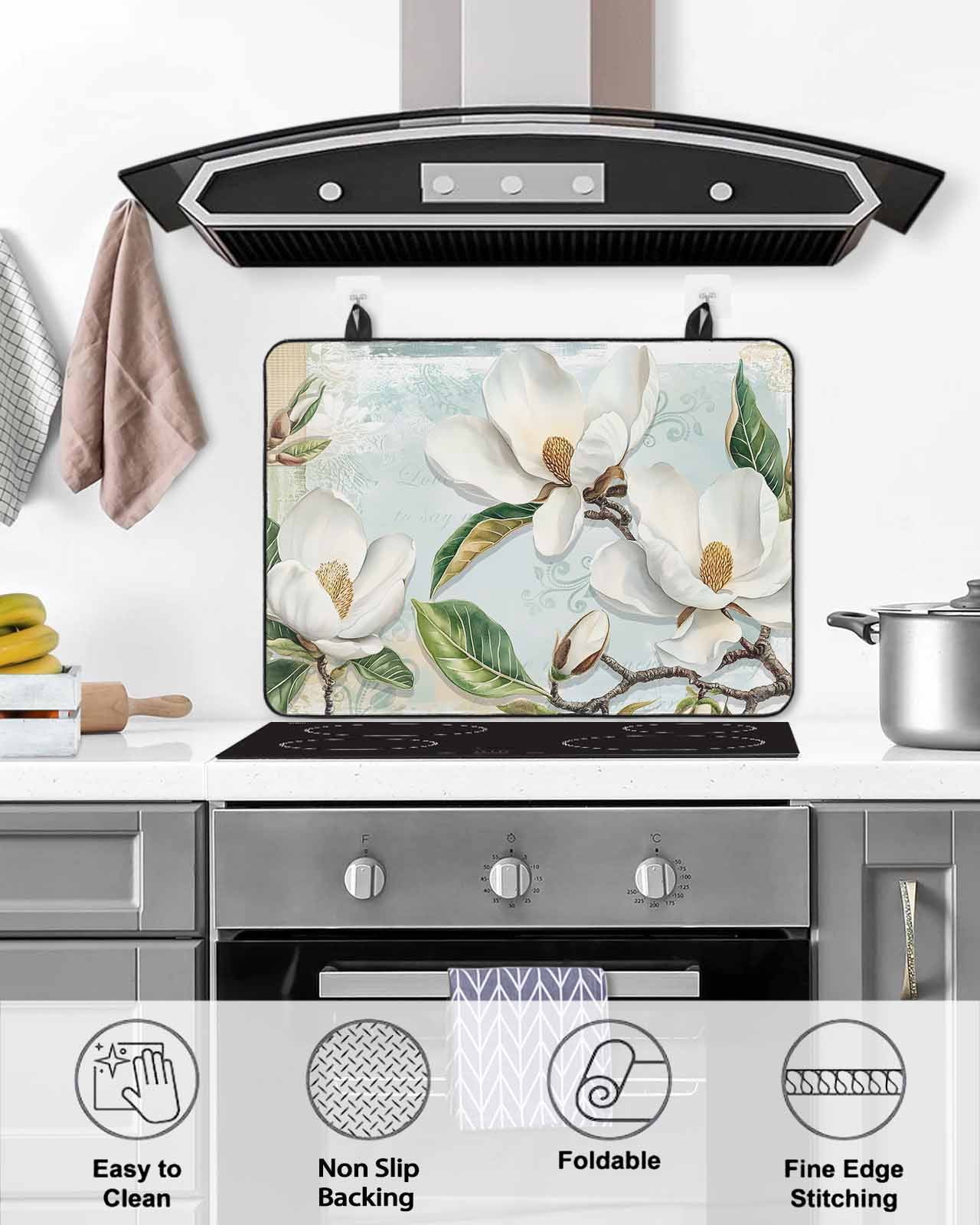 nqOlkjepod Large Induction Cooktop Protector Mat 36"x21", White Floral Stove Top Covers for Electric Stove, Pastoral Farmhouse Magnolia Flowers Leaves Stove Burner Cover Mats, Glass Top Stove Cover