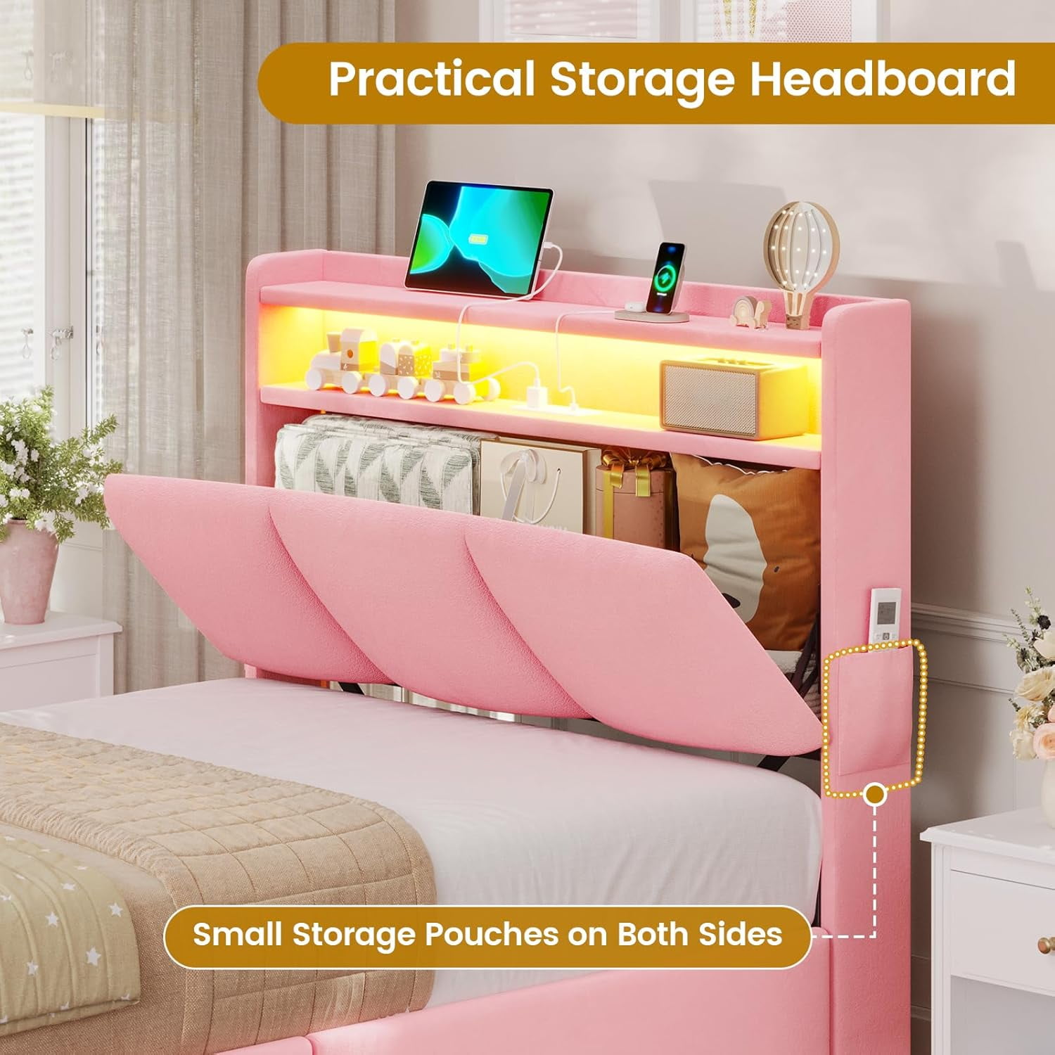Twin Bed Frames with Storage Headboard and Charging Station, Velvet Upholstered Bed Frame Twin Size with 4 Drawers and LED Lights, Type C and USB, No Box Spring Needed, Pink