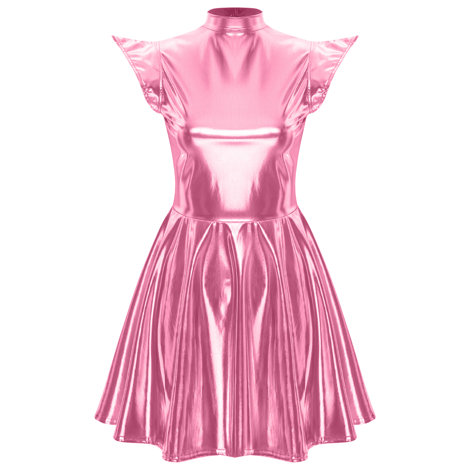 iiniim Women Shiny Metallic Holographic High Waisted Flare Skater Dress Carnival Party Pink L