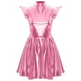 thumbnail image 3 of Nyeemya Women Holographic Shiny Dress Cap Sleeve High Waist Flared Aline Mini Dress Party Club Pink L, 3 of 7