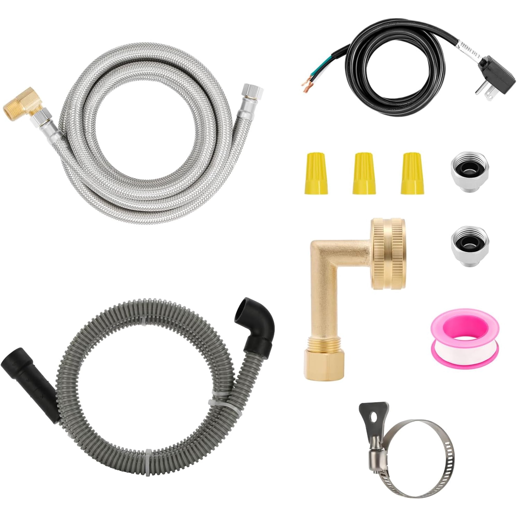 Universal Dishwasher Installation Kit,6 Ft Stainless Steel Dishwasher Hose,Burst Proof Water Supply Line with 3/8" Compression Connections,With a 6 feet drain hose and a clamp, one set