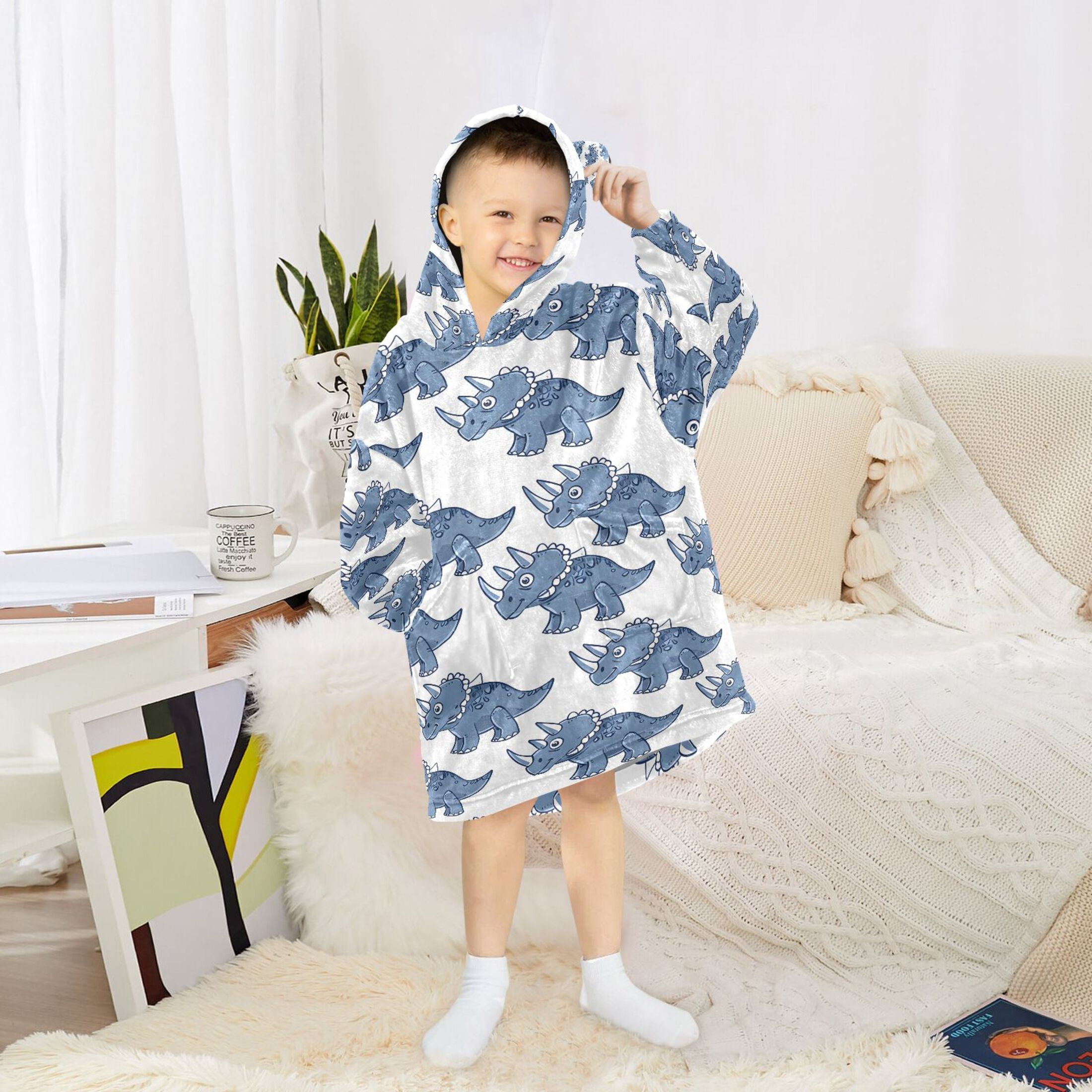 Wearable Blanket Christmas Hoodie for Triceratops Flannel Hooded Blanket with Pockets and Sleeves Suitable
