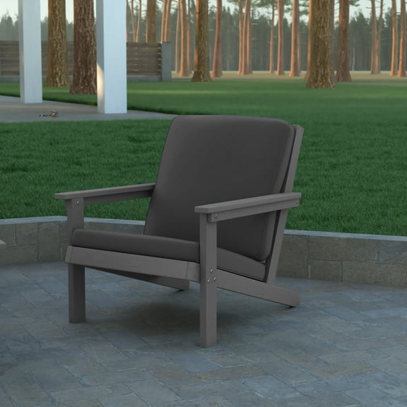 Emma   Oliver All-Weather Polyresin Adirondack Club Chair with Deep Seat in Gray with Comfortable Gray Back & Seat Cushions