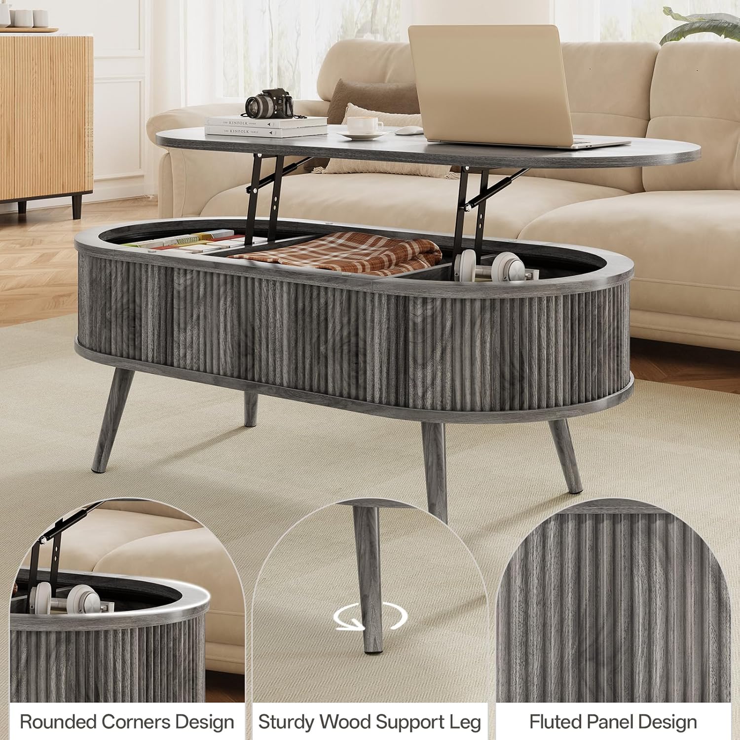 SELOOYE 39.4" Mid Century Oval Coffee Table, Fluted Center Table with Lift Top, Modern Dining Table with Storage for Living Room Home Office, Gray