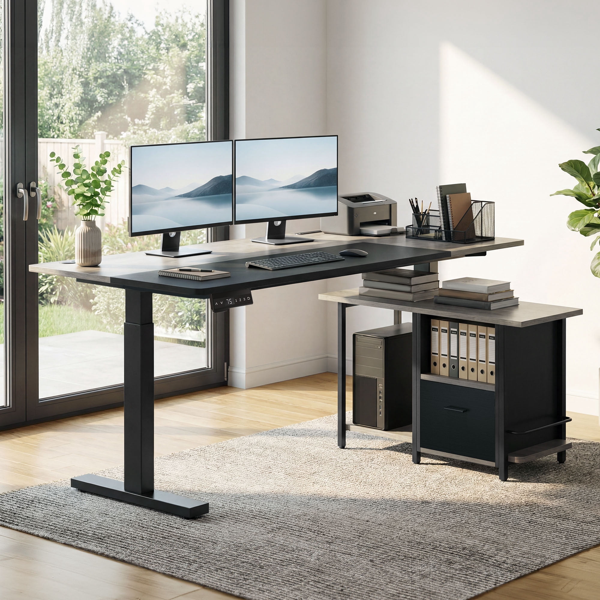 Dextrus 70.1" L Shaped Electric Standing Desk with Power Outlets, Adjustable Height Sit Stand Corner Executive Desk with Drawers & Shelves, Grey + Black