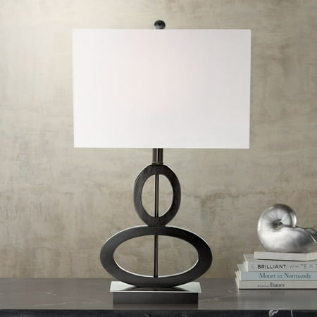 Black Oval Wood 360 Lighting Modern Table Lamp Black Wood and Satin Steel Ovals White Rectangular Box Shade for Living Room Family Bedroom Bedside ()