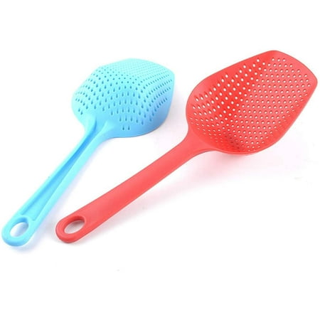 

2 Pcs Durable Scoop Colander Strainer Spoon - Kitchen Food Plastic Water Scoop Colander Oil Filter Grid Scoop for Cooking Baking (Red&Green)