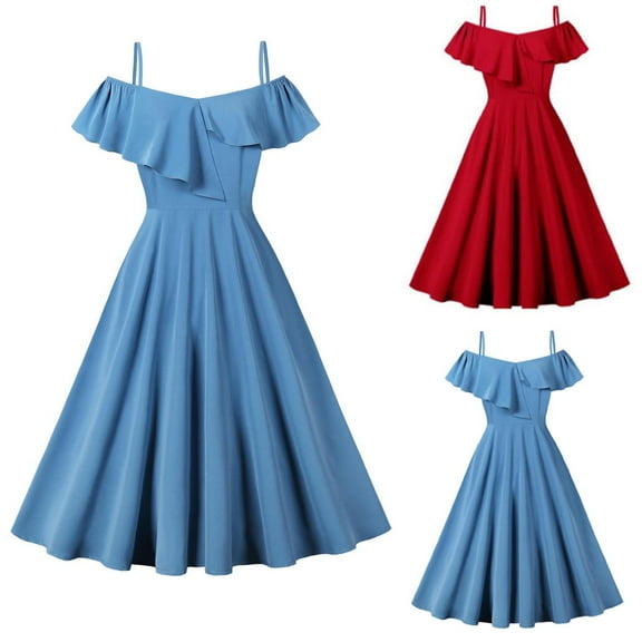 Jinhomg Womens Wedding Guest Dress Asymmetric Ruffle Strap Midi Dresses Elegant Ruffle Hem A-Line Pleated Dress formal Homecoming Graduation Prom Dress Sky Blue XXL