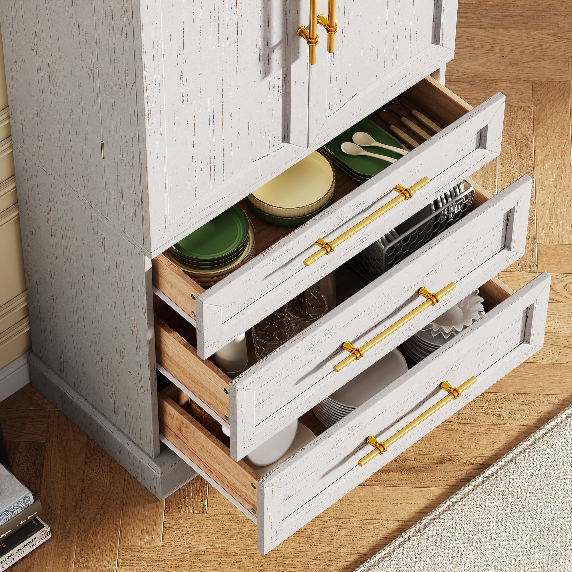 Mintazer 78" Tall Farmhouse Pantry Cabinet with Adjustable Shelves & Door Shelves, Freestanding Storage Cabinet with 3 Large Drawers & Gold Hardware for Kitchen Dining Room Living Room, White