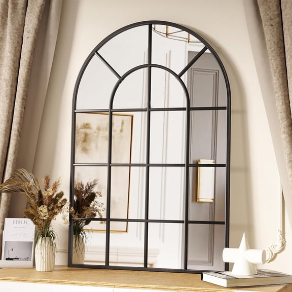 Melodieux 30"x 48" Arched Wall Mirror Black Windowpane Aluminum Frame