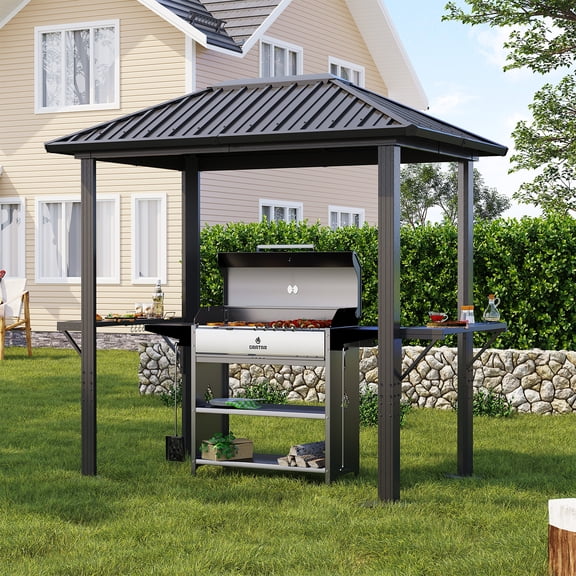 BaPiPro 8x5 FT Outdoor Grill Gazebo, Aluminum BBQ Shelter with Double-Layer Polycarbonate Roof, Hardtop Canopy with Shelves for Patio, Garden