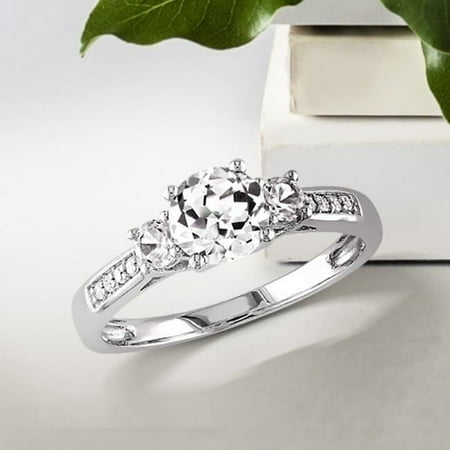 - Miadora 10k White Gold Created White Sapphire and Diamond 3-Stone Engagement Ring