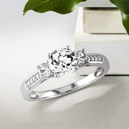 Miadora  10k White Gold Created White Sapphire and Diamond 3-Stone Engagement (Best Diamond Alternative Engagement Ring)