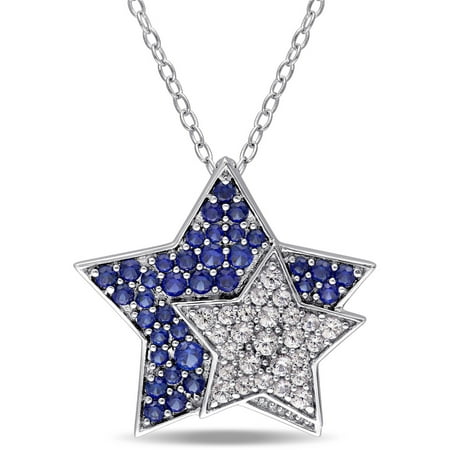 Tangelo 1 Carat T.G.W. Created Blue and Created White Sapphire Sterling Silver Double-Star Pendant, 18