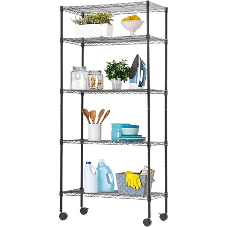 5 Tier Storage Shelves,14" Dx30 Wx60 H Wire Shelving Unit Metal Shelves Heavy Duty Layer Rack Storage Rack Adjustable Utility 750 LBS Capacity Black