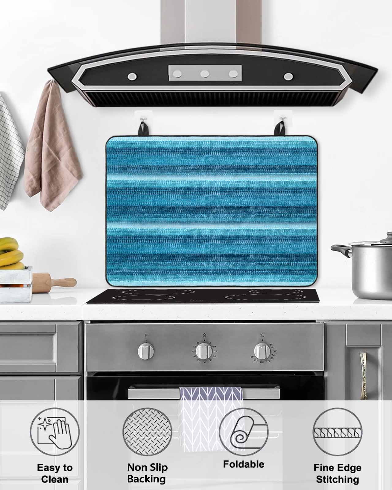 nqOlkjepod Large Induction Cooktop Protector Mat 24"x21", Turquoise Teal Ombre Stove Top Covers for Electric Stove, Farmhouse Modern Abstract Striped Stove Burner Cover Mats, Glass Top Stove Cover