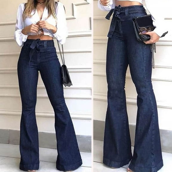 Womens Mid Waist Bell Bottom Stretchy Flare Jeans Pants