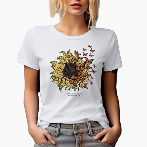 Be Your Own Kind of Beautiful with Vintage Sunflower & Butterflies Art Merch Gift, White T-Shirt, Small
