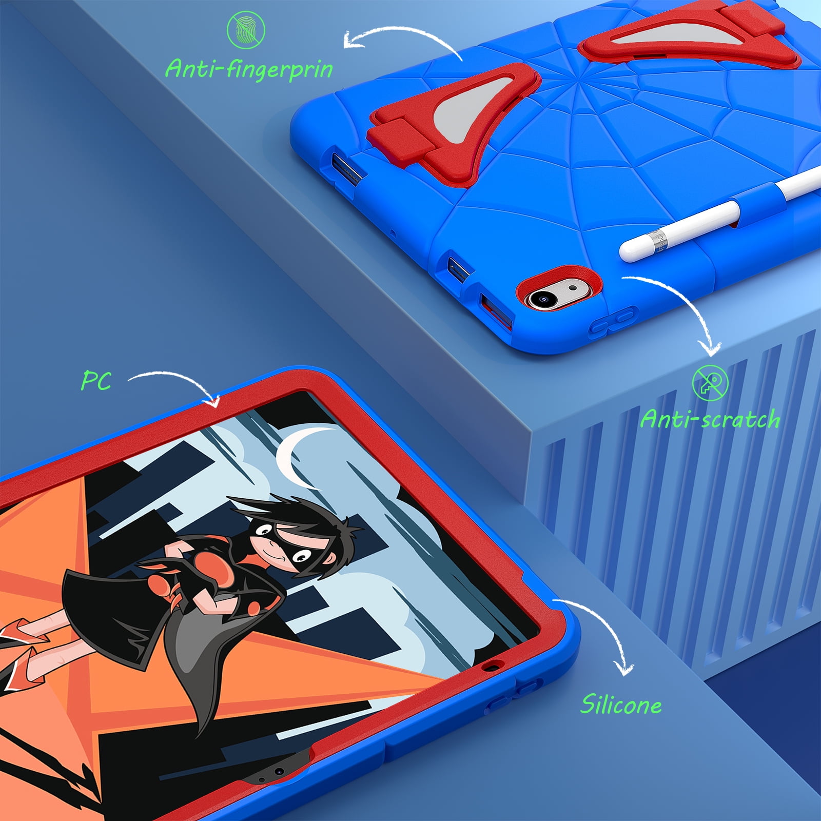 ELEHOLD Case For Apple iPad 11th(A16) 2025, Heavy Duty Shockproof Pencil Holder Foldable Kickstand Rugged Protective Cover Boys Children For iPad 11th 2025, Blue+Red