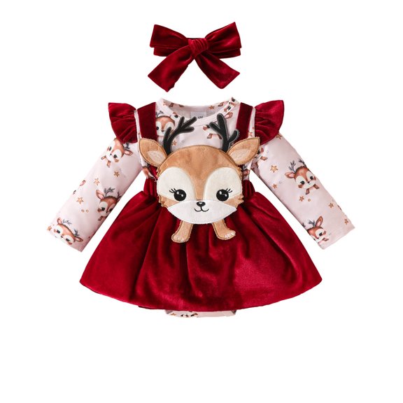 JFOPQVSM Baby Girls Christmas Comfortable and Breathable Long Sleeved Dress Cute Cartoon Print Bodysuits