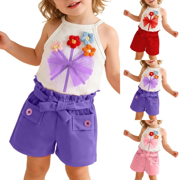 Agkizg Kids Girls Clothing Set 3 Piece Outfit Neck Sleeveless Top Belt Shorts Set