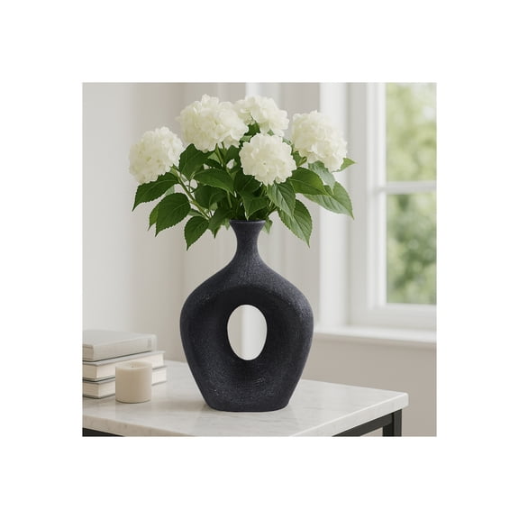Elegant Ceramic Vase with Hollow Center for Living Room Decor - Contemporary Flower Vase for Home Decor and Room Display - Sculptural Accent for Bedroom, House, Office and Table - 13", Black