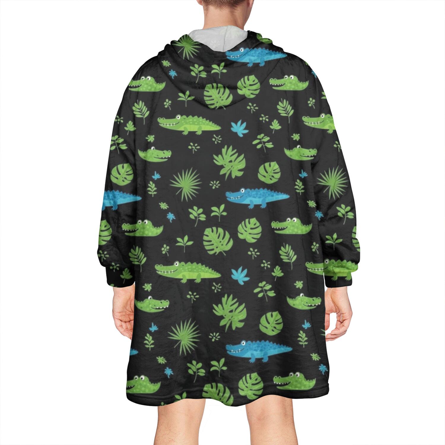 Wearable Oversized Blanket,Black Cartoon Crocodiles Leaves Pattern Wearable Blanket Hoodie for Adults,Cozy Hooded Blankets with Super Pockets,Super Warm Fuzzy Pullover for Women & Men