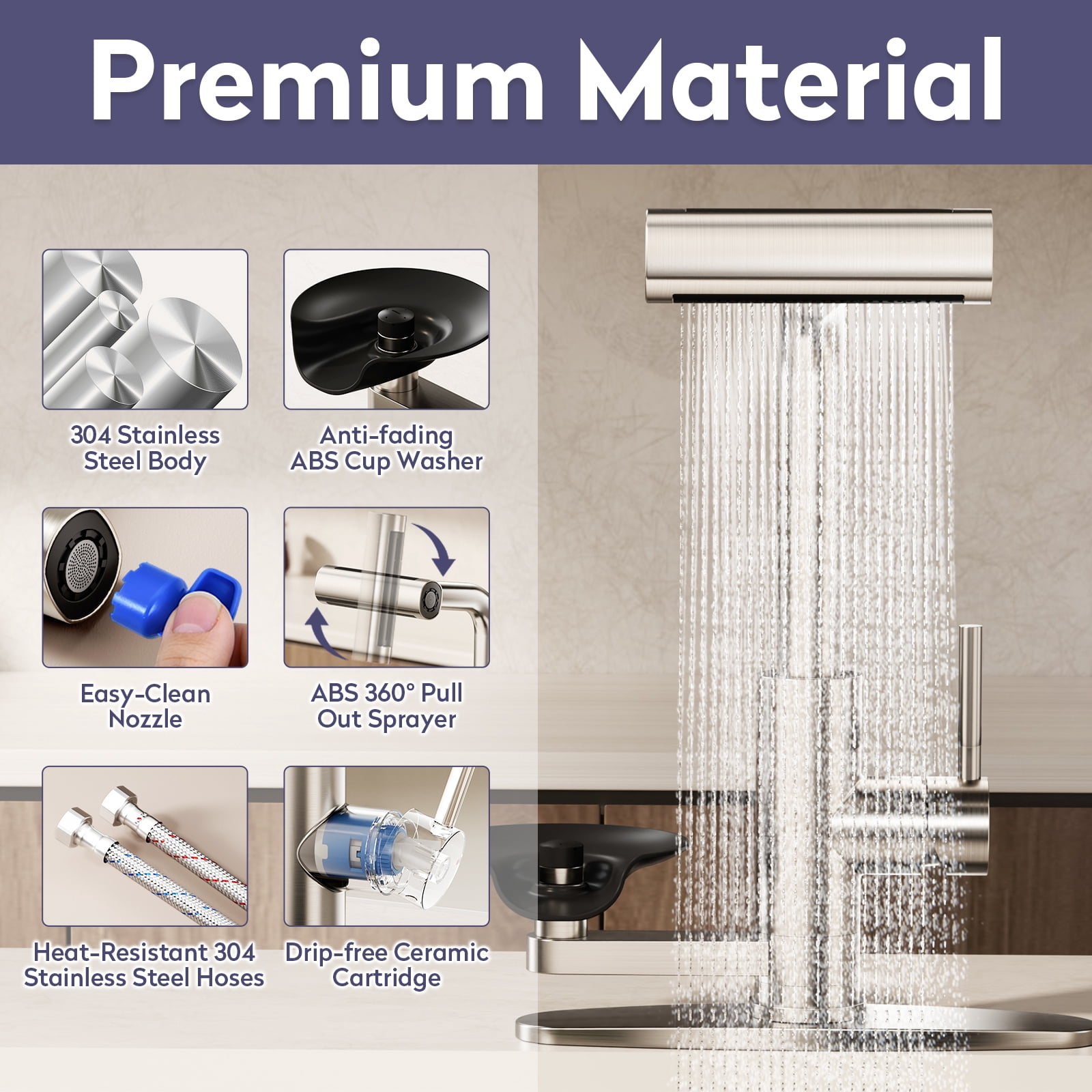 KAIYING Pull Down Kitchen Faucet with Integrated Glass Rinser and Waterfall Mode, Brushed Nickel