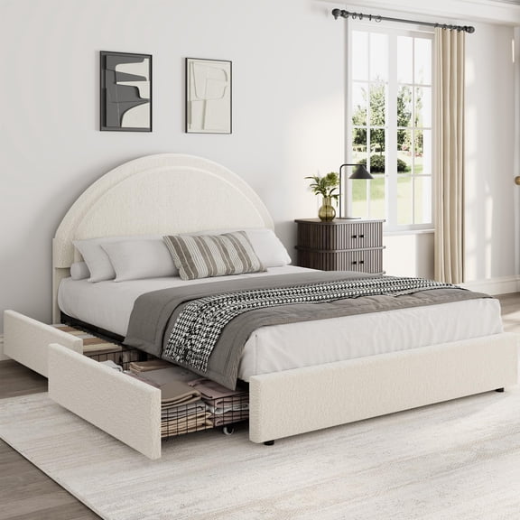 Full Size Modern Boucle Upholstered Platform Bed Frame with 2 Storage Drawers & Round Headboard, Heavy Duty Noise-Free Wooden Slats, No Box Spring Needed in Beige