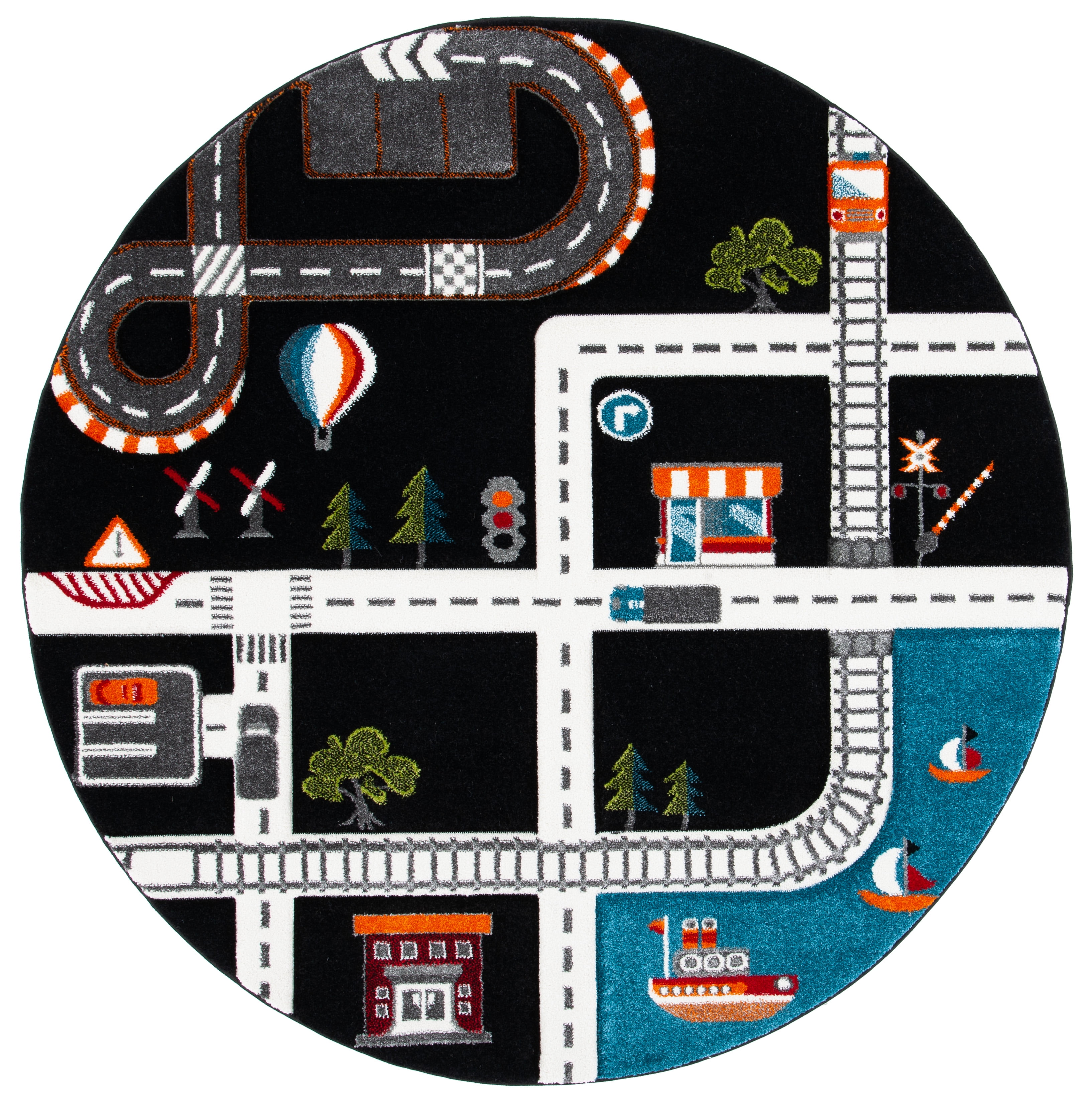 SAFAVIEH Carousel Kids Devan Train Track Area Rug, Black/Ivory, 6'7" x 6'7" Round