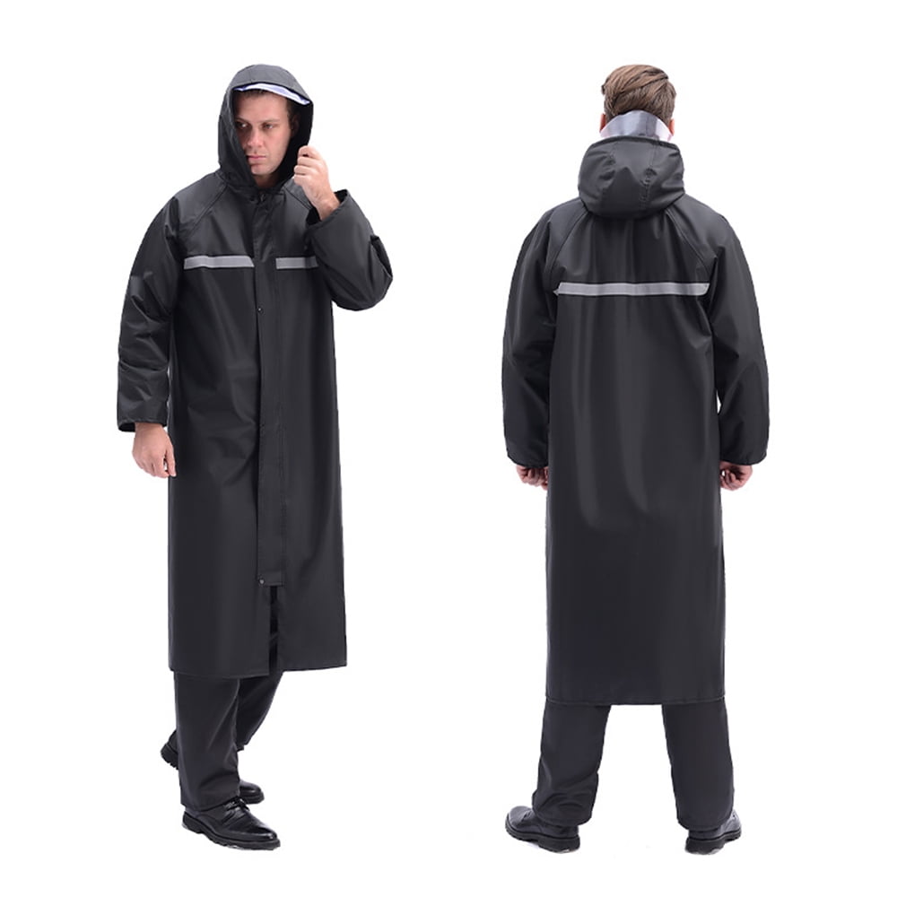 Riding Hiking Unisex Waterproof Hooded Black & Blue Long Rain Coat with Bag 