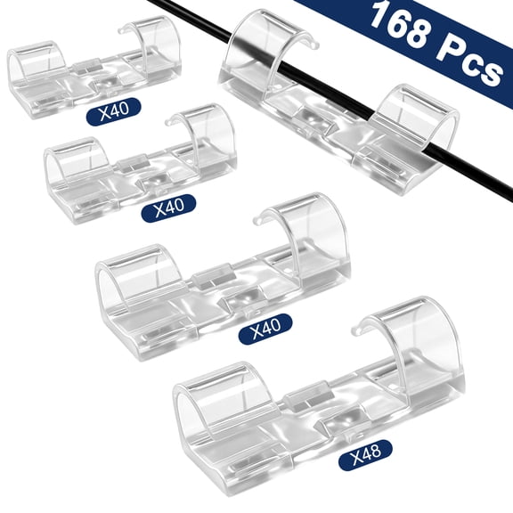 168 Pcs Self‑Adhesive Cable Clips, Clear Wire Management Clips, No Drill Cord Organizer, Cable Holder for USB Charging Cords, Power Cables for Wall, Desk, Home & Office