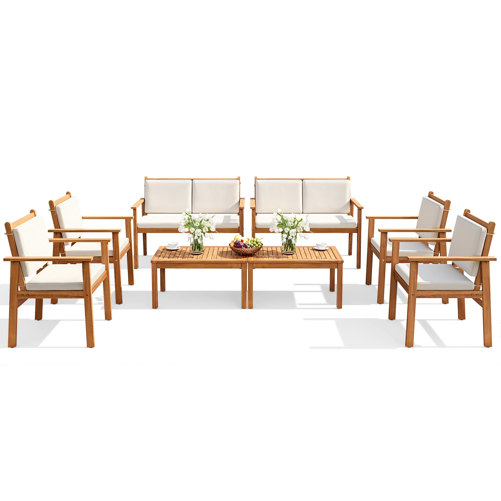 Lacoo 8 Pieces Acacia Wood Patio Conversation Set, Outdoor Furniture Set with Comfy Cushions, Beige