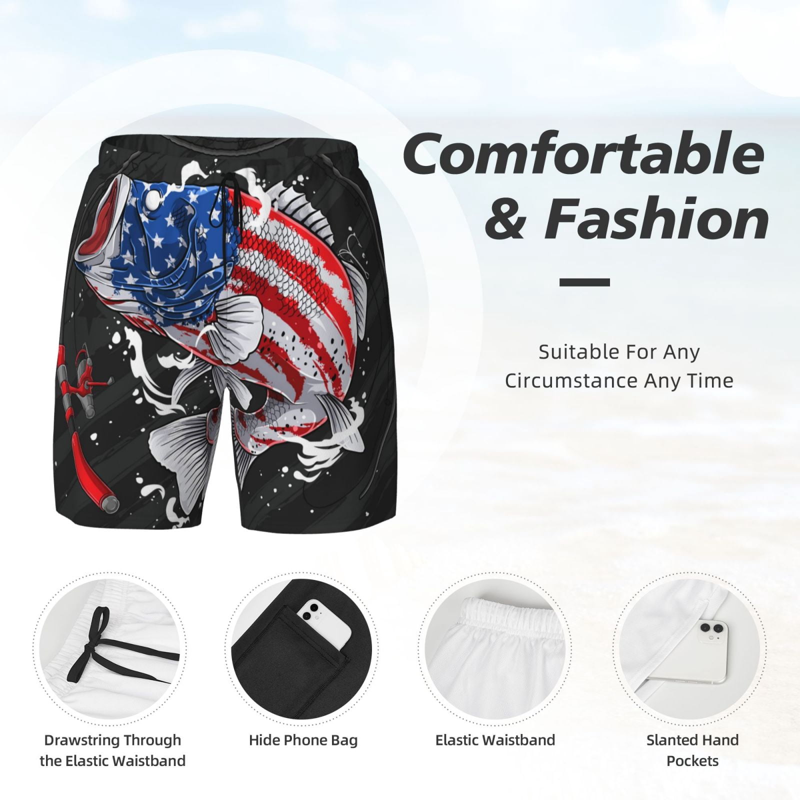 Xecao Largemouth Bass Fish in USA for Men's Swimming Trunks Swim Trunks Quick Dry Swim Shorts with Mesh Lining Funny Swimwear Bathing Suits