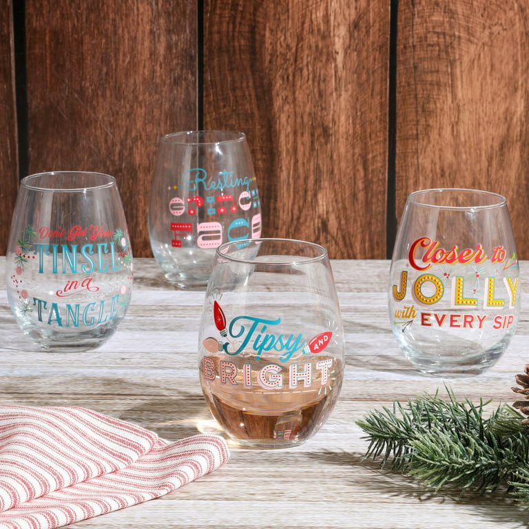 Set of 12 Stemless Christmas Wine Glasses, Christmas Gift, Funny Wine Glass,  Stemless Wine Glass, Holiday Wine Glasses. 