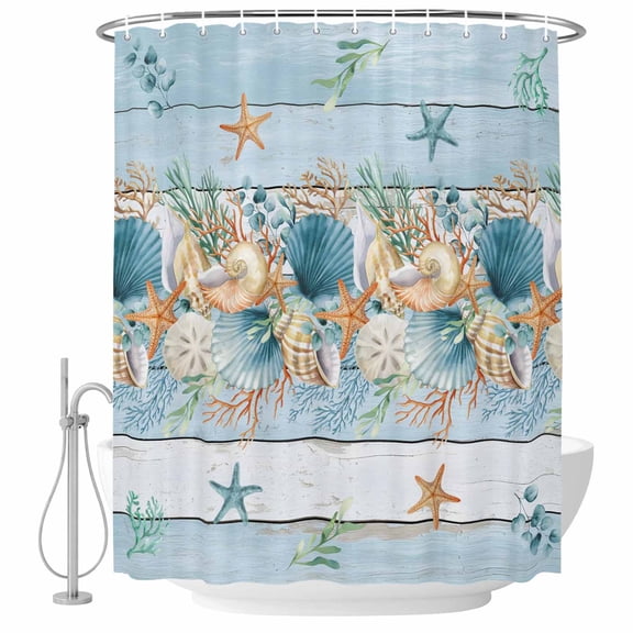 Blue Beach Coastal Shower Curtain, Waterproof Shower Curtains for Bathroom, Nautical Shell Starfish Coral Summer Washable Fabric Bathtub Curtain Set Bath Decor with 12 Hooks Standard 72"x72"