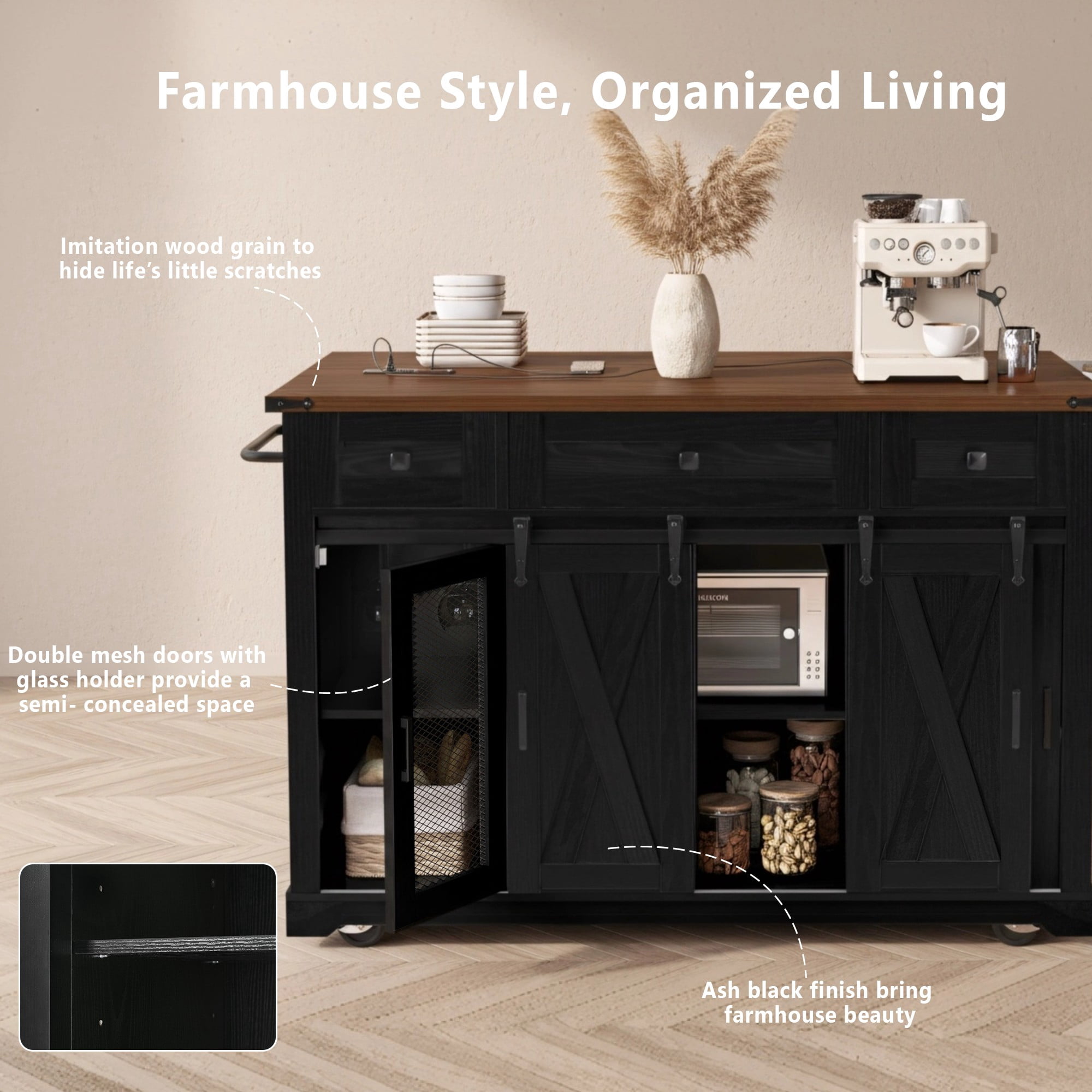 Mintazer 58" Farmhouse Kitchen Island Cart with Single Drop Leaf & Power Outlet, Rolling Kitchen Island Table with Sliding Barn Doors, 3 Drawers & Side Spice Towel Racks, Black