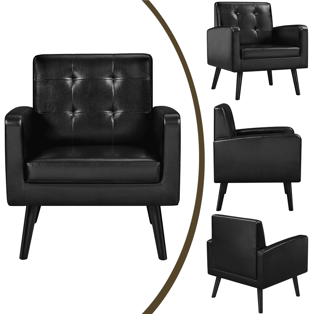Alden Design Mid Century Modern Faux Leather Accent Chair with Solid Wood Legs, Set of 2, Black
