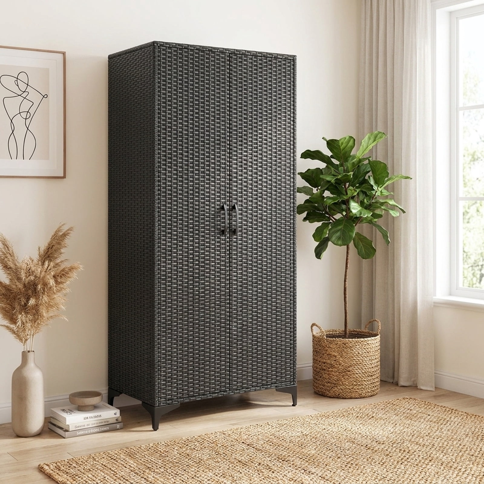 Furnibear 62 Inch Wicker Wardrobe with 2 Doors PE Rattan Closet with Hanging Rod for Bedroom Closet Clothes Wardrobe Storage Hanging, Black