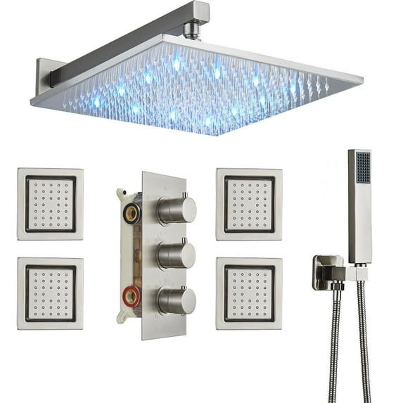 Zovajonia Luxury Brushed LED Shower Head Combo System Faucet Set Massage Body Jets Sprayer