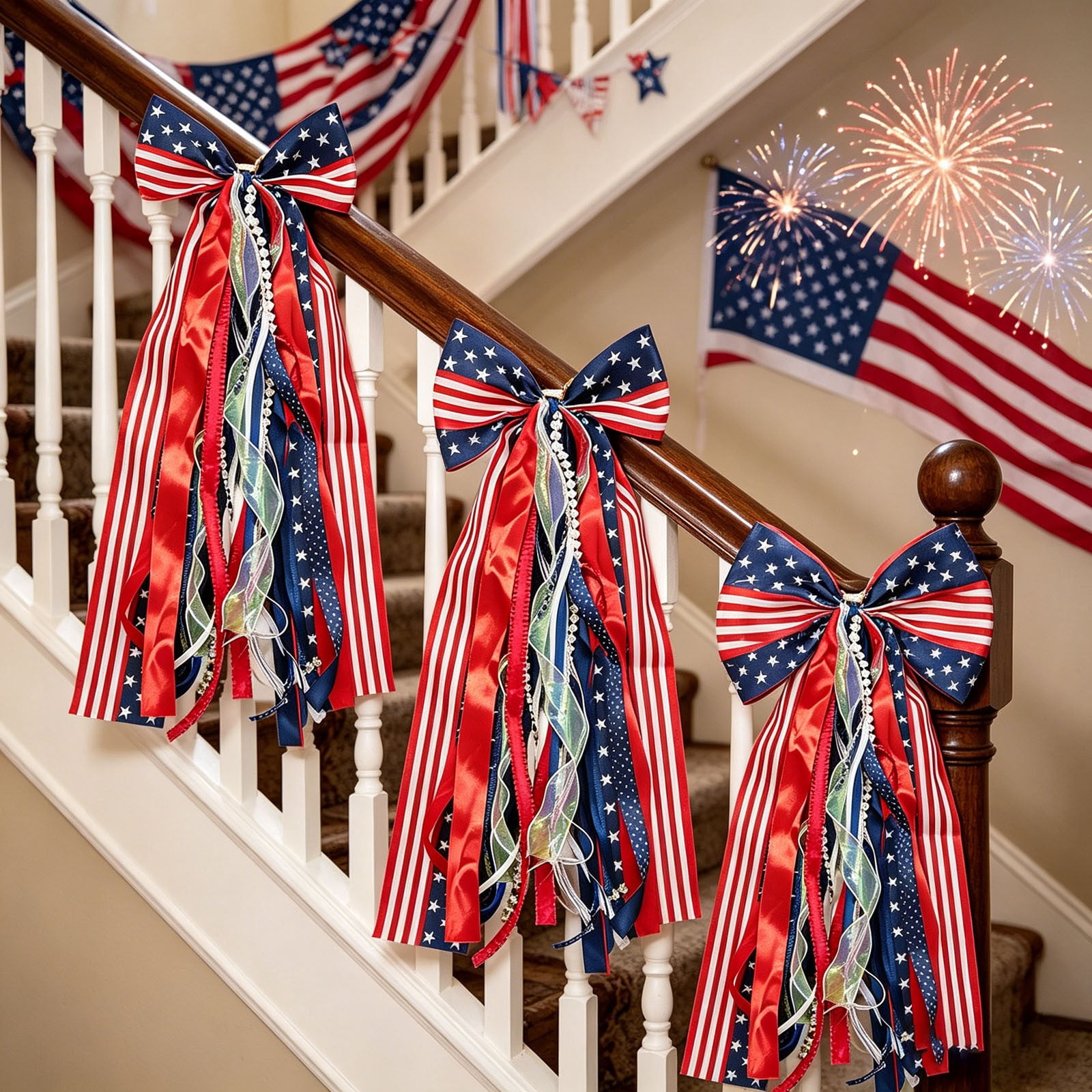 Red White Blue Patriotic Wreath Sash for Front Door, Assorted Ribbon Bundle with Star Charm, 4th of July Clip On Bow for Memorial Day Independence Day Decor Indoor Outdoor 2 Pcs