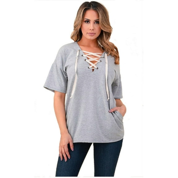 FDPlus Plus Size French Terry Contrast Trim Pocket Lace Up Tunic