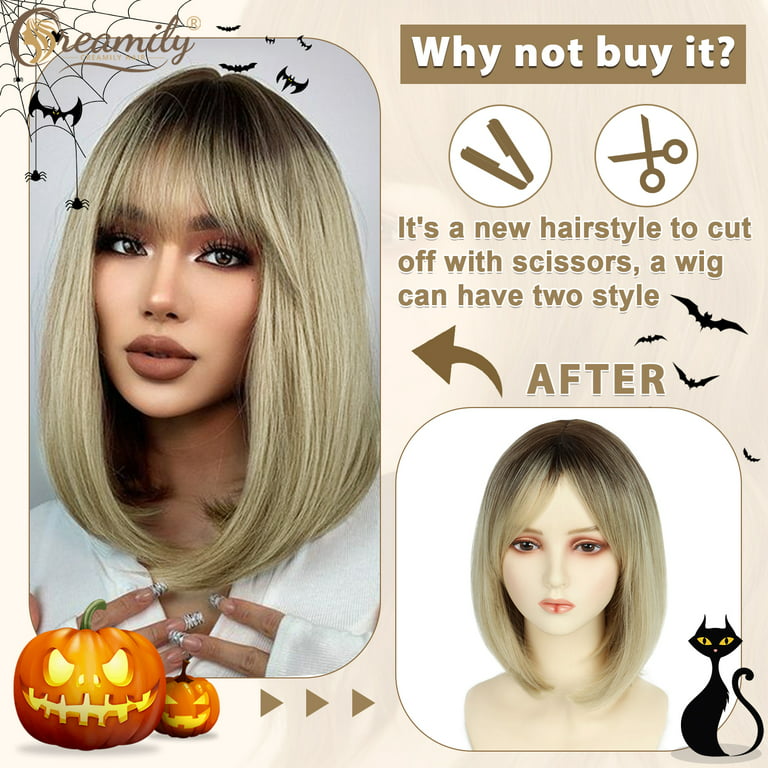 Creamily 14 Omber Blonde Wigs for White Women Synthetic Shoulder Length  Bob Wigs Straight Short Blonde Bob Wigs with Bangs 