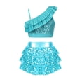 thumbnail image 2 of TiaoBug Kids Girls Gymnastic Dance Outfits Sequins Asymmetrical Shoulder Ruffle Crop Top with Skirted Shorts Set Light Blue 6, 2 of 5