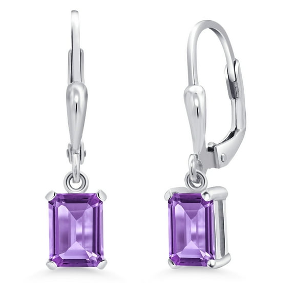 Gem Stone King 925 Sterling Silver Purple Amethyst Dangle Dangling Earrings for Women (1.90 Cttw, Gemstone February Birthstone, Emerald Cut 7X5MM)