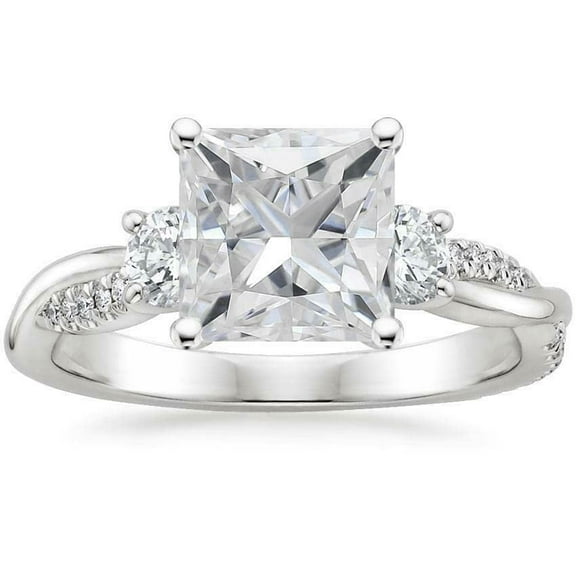 HeartsAndYou 4ct Princess Cut Moissanite Engagement Ring for Women 18k White Gold over Silver Trilogy Twist Shank