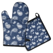 Blue Pioneer Flower and Paisley Pattern Kitchen Oven Mitt and Pot Holder Sets 2 Pcs for Baking, Cooking and Grilling, Heat Resistant Up To 392 °F