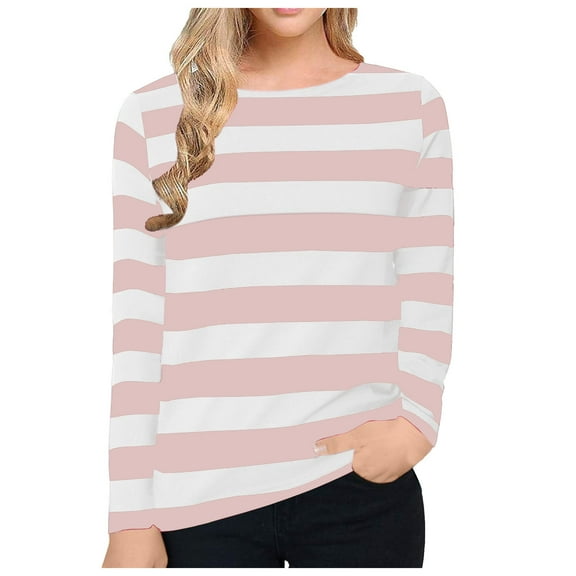CQONEPT Women's Tunic Tops Crewneck Stripe Pullover Tops Casual Cute Long Sleeve Blouse Trendy Going Out Shirts Pink L