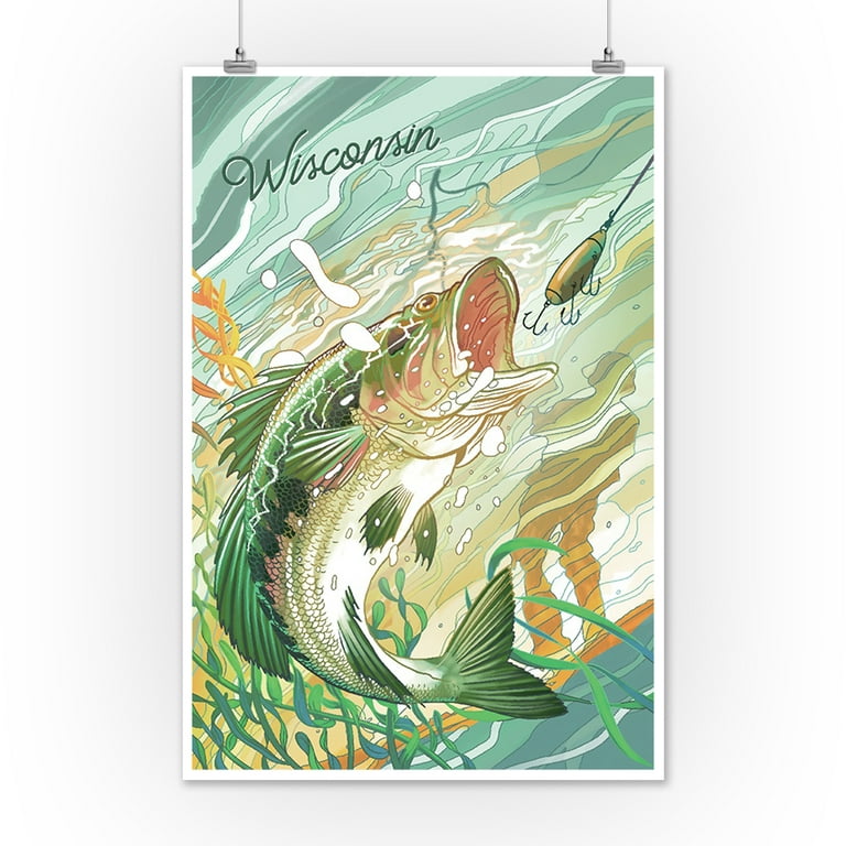Wisconsin, Fish All Day, Bass (12x18 Wall Art Poster, Room Decor