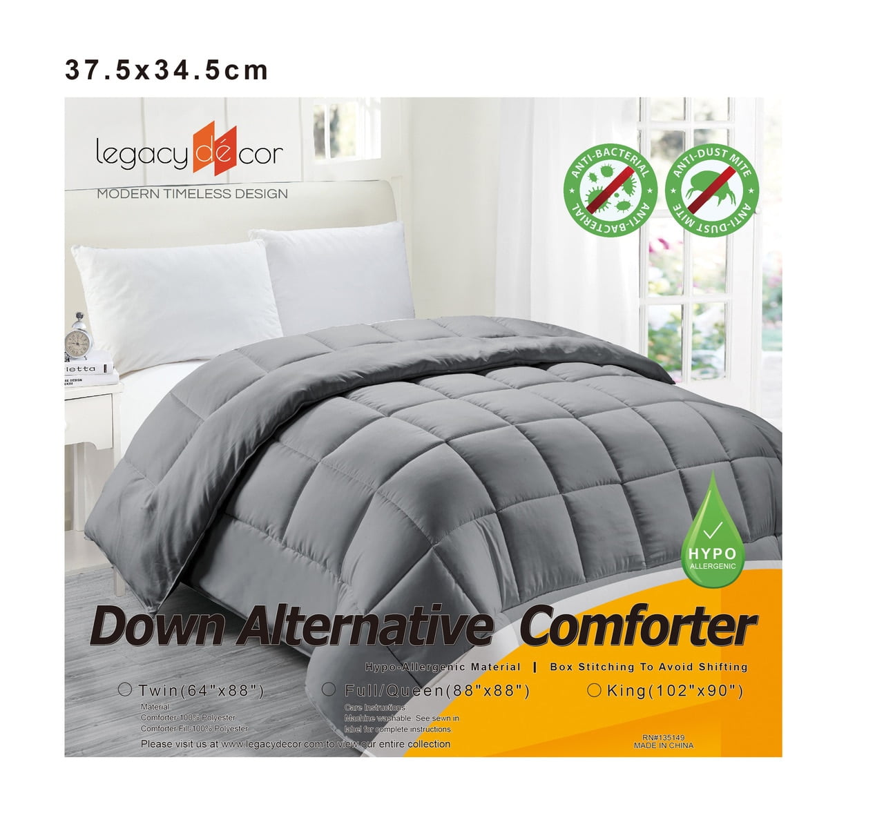 Legacy Decor Down Alternative Full/Queen Size Comforter, Hypoallergenic Anti-dust Mite Anti-bacterial, Grey Color